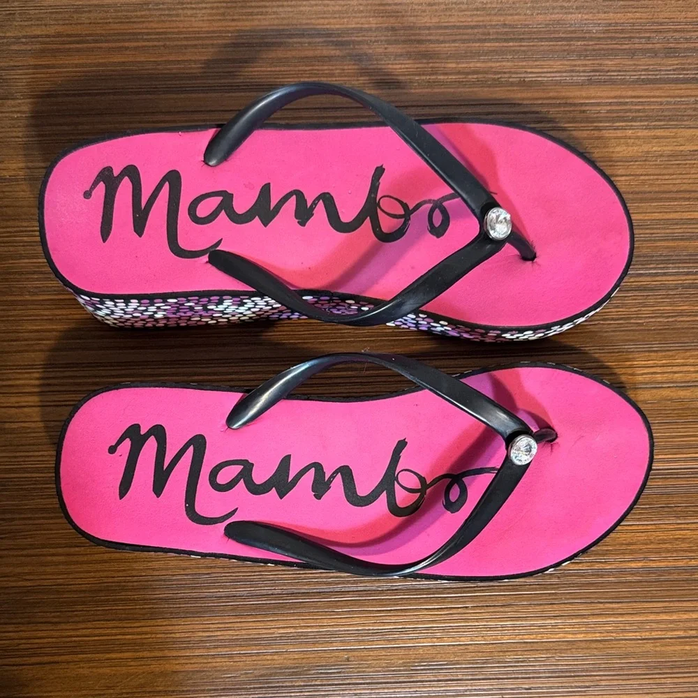 Mambo Pink Platform Flip Flop Sandals with Rhinestone Accent - Picture 2 of 10